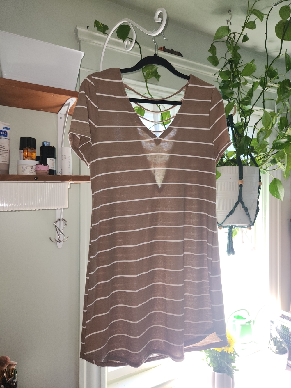 SHEIN Brown and White Striped V-Neck Swim Coverup